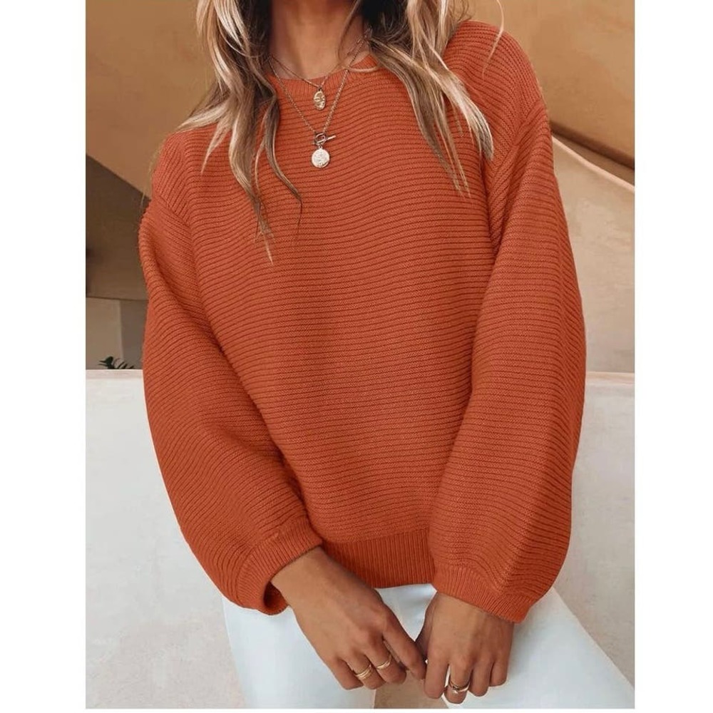 ZESICA Copper Crew Neck Long Lantern Sleeve Loose Ribbed Knit Soft Sweat…
